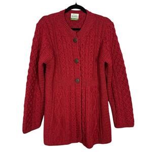 Shannon Woolen Mills Cardigan Sweater Red Button Front Fisherman Cable XL